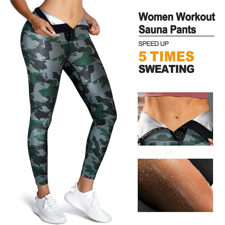 Junlan Women Hi-Waist Sweat Sauna Leggings, Slimming Hot Neoprene Pants,  Tummy Control Shapewear Sauna Sweat Pants(Camouflage, S)