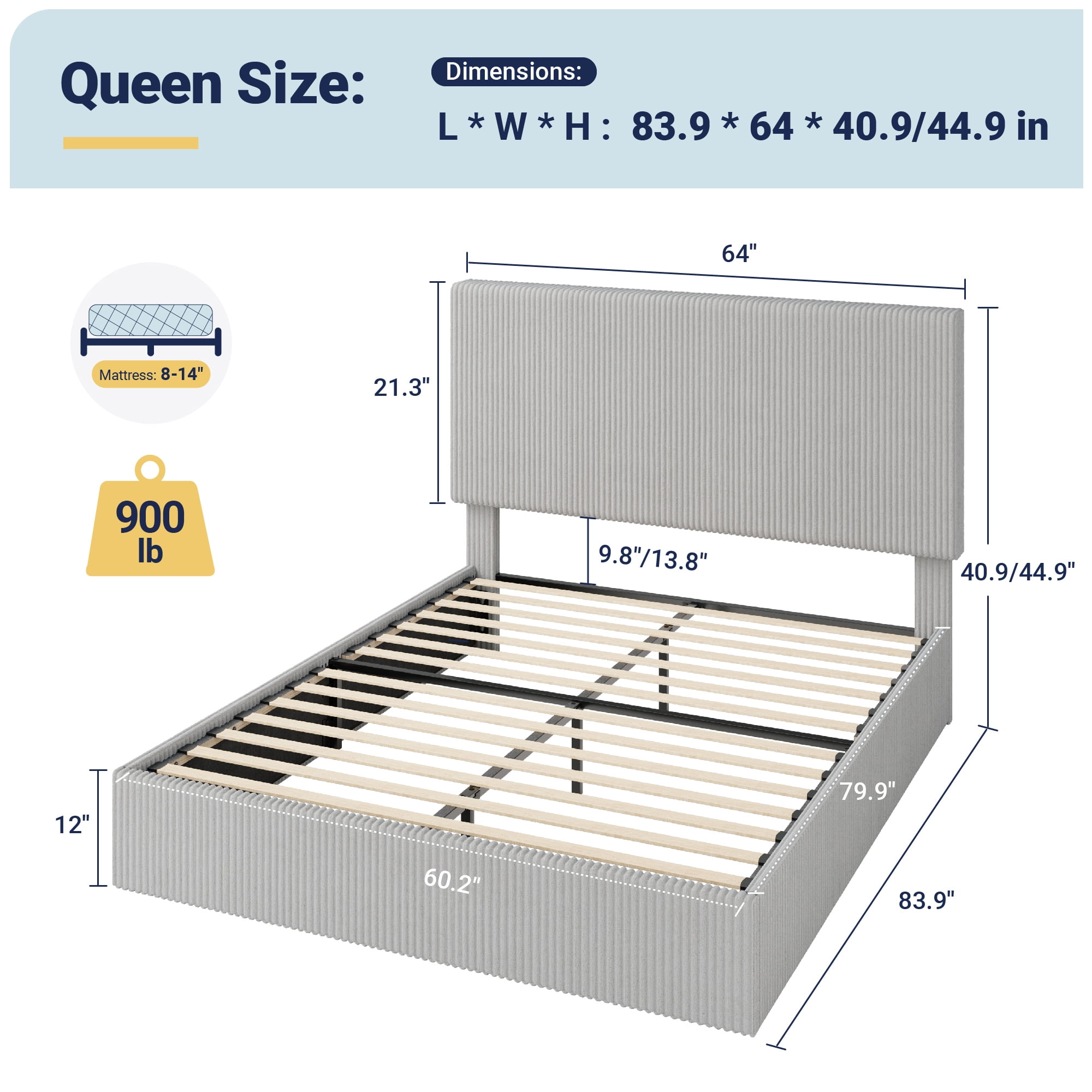 Allewie Queen Bed Frame, Upholstered Platform Bed, Adjustable Vertical Channel Tufted Headboard, Corduroy Fabric, Modern Low Profile, Wooden Slats, No Box Spring Needed, Easy Assembly, Light Grey