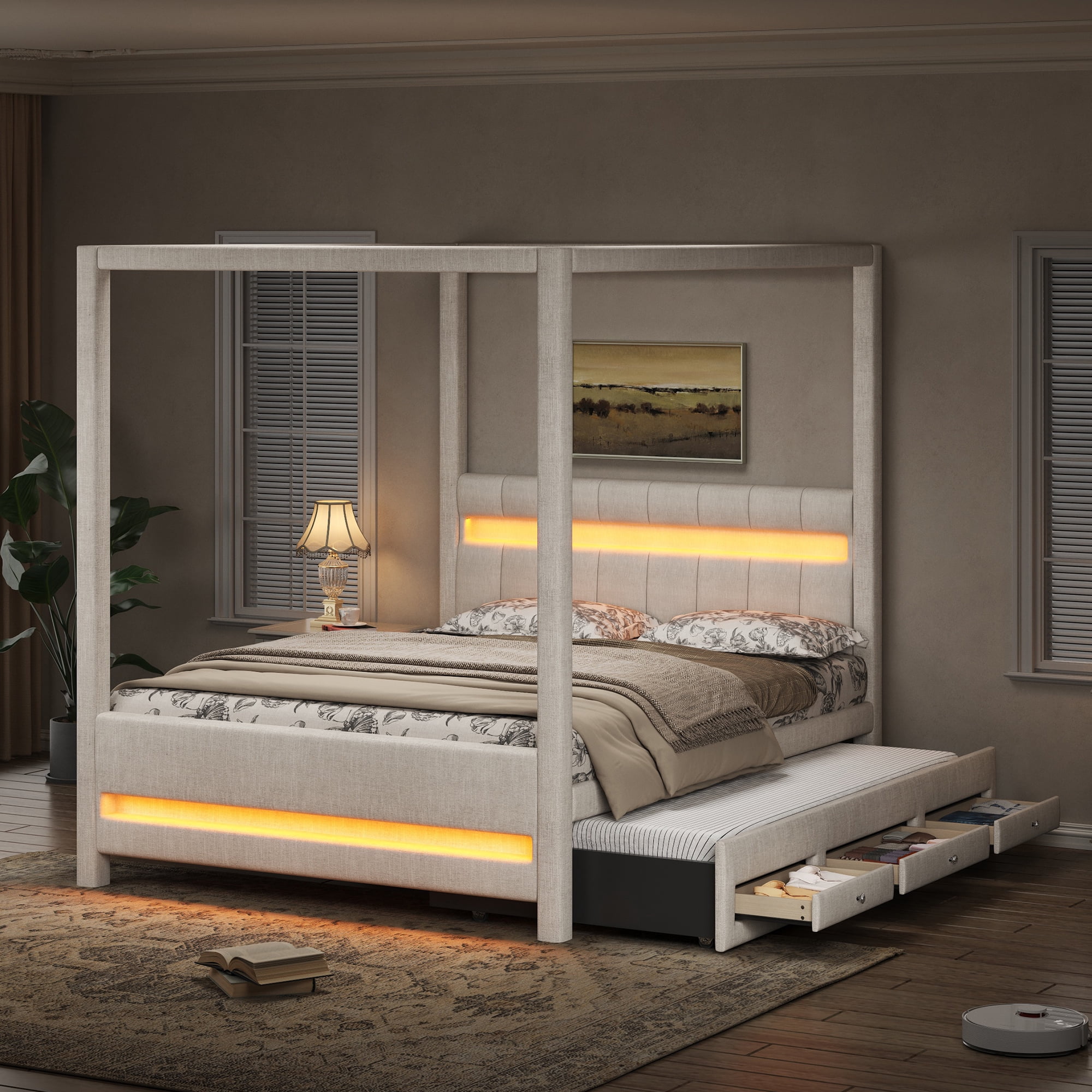 Queen Size Upholstered Canopy Platform Bed with Twin Trundle, 3 Storage Drawers and LED Lights