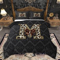 Homewish Bow Letter Monogrammed M 3-Piece Full Size Comforter Sets for Teens,Leopard Print Bedding Comforter Set,Abstract Bohemian Damask Lightweight Bedding Sets,Breathable Home Decor,Reversible