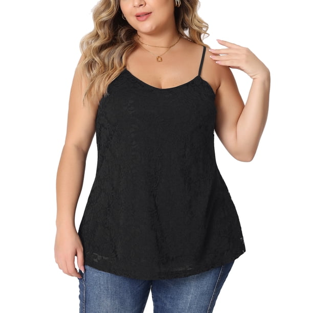 Camiseta sin mangas elegante de encaje con tirantes ajustables para mujer plus de GRACE & GRANDEUR, negra oscura, talla 1X