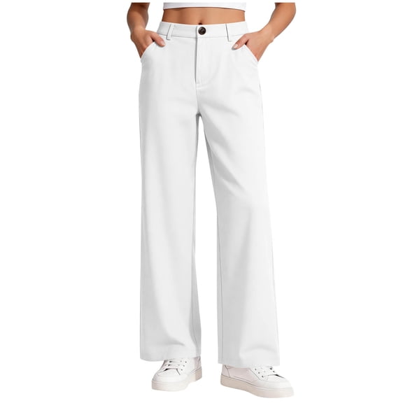 Chbgutlmr Girls Dress Pants Casual School Trousers Flat Front High Waist Straight Leg Loose Comfy Pants with Pockets for Kids 5-15 Years