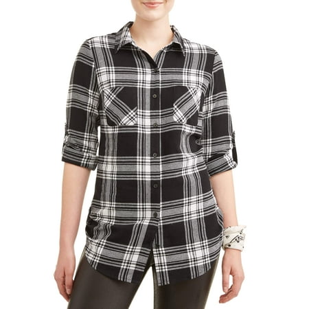 - Juniors' Lace Back Yoke Plaid Roll Tab Sleeve Blouse