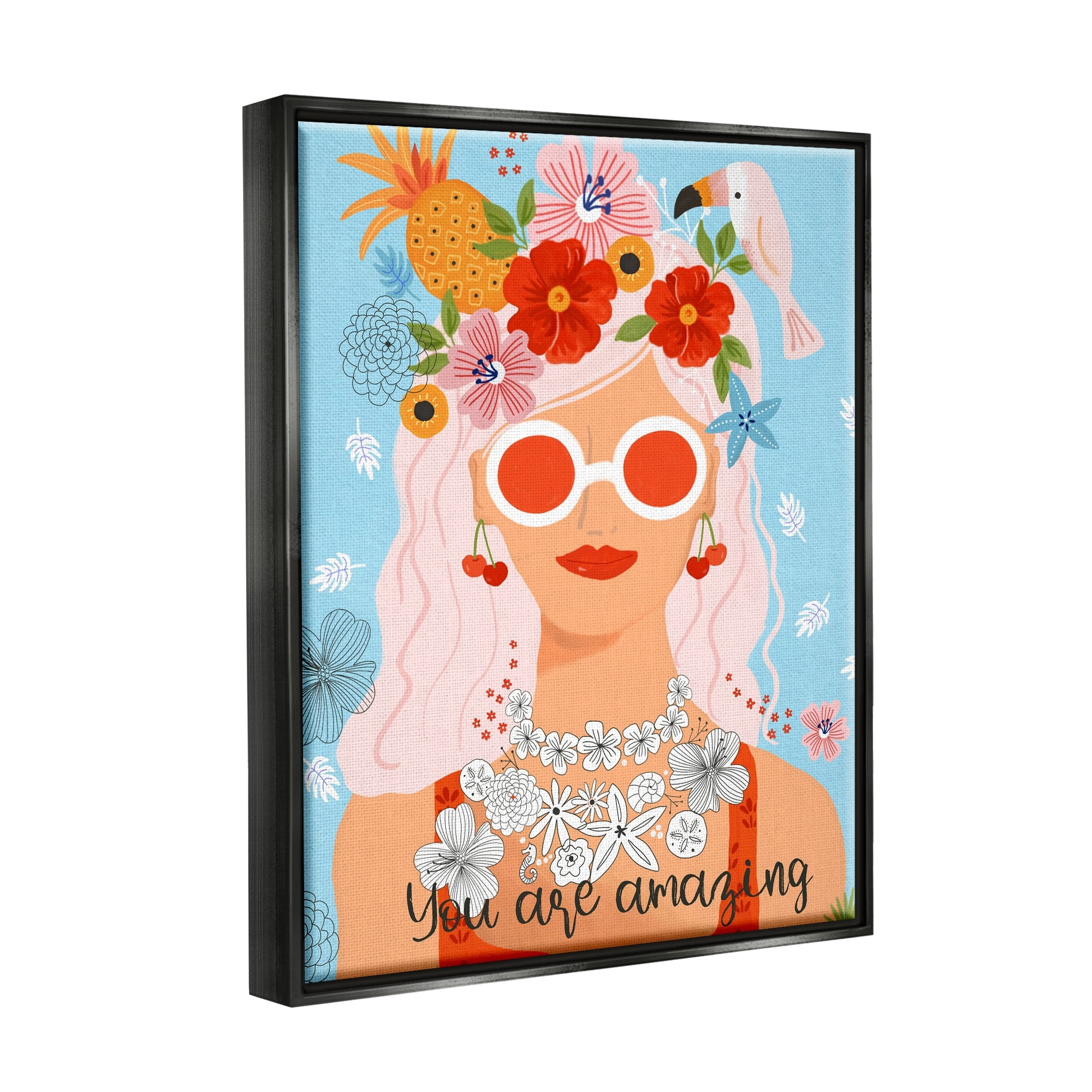 Stupell Industries You Are Amazing Motivational Floral Woman Portrait Graphic Art Jet Black Floating Framed Canvas Print Wall Art, Design by Sharon Lee