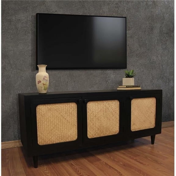 Navice 3 Woven Door Plasma Stand with Solid Wood in Black Finish