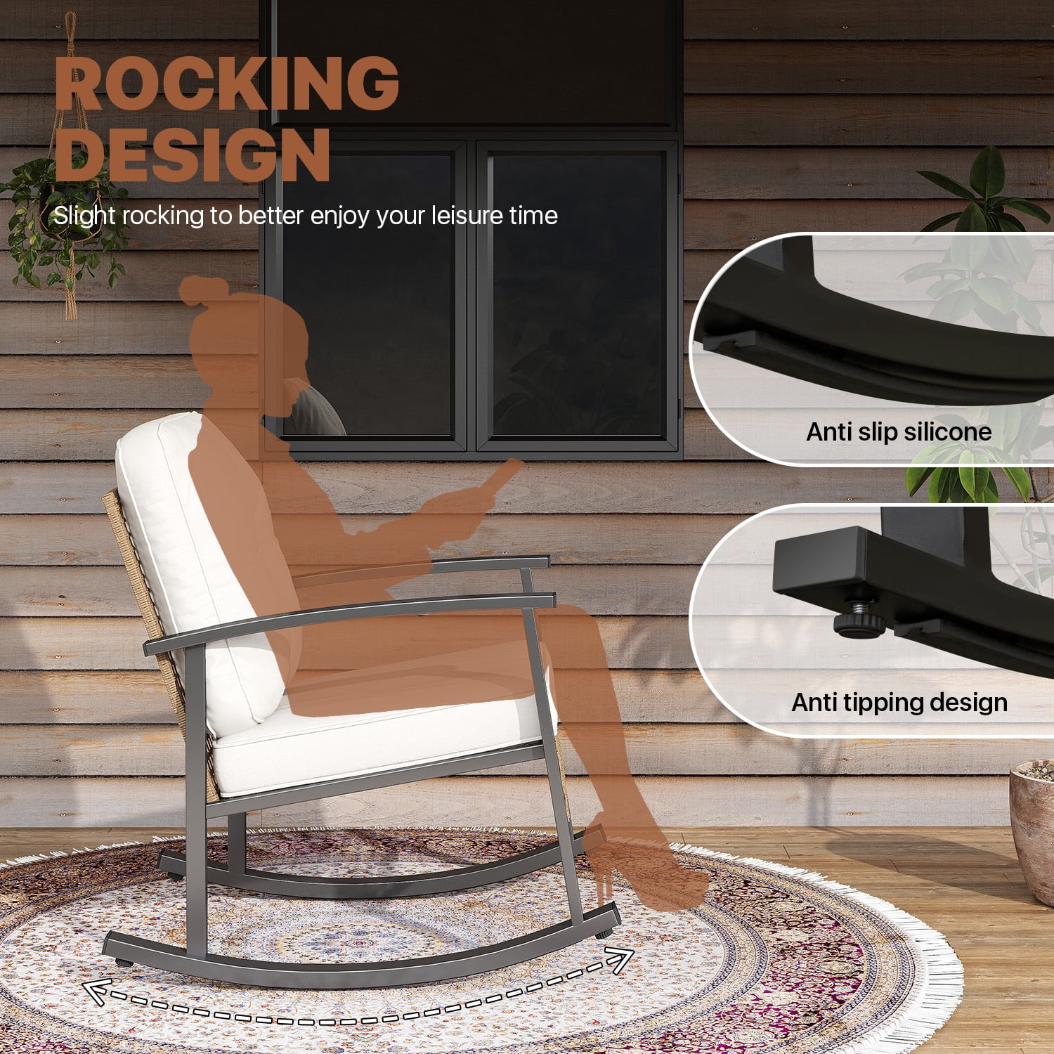 BaPiPro 3-Piece Outdoor Rocking Chair Set, All-Weather PE Wicker Patio Furniture with Water-Resistant Cushions, Rust-Proof Steel Frame, 2-Tier Coffee Table, for Porch Backyard, Off-White