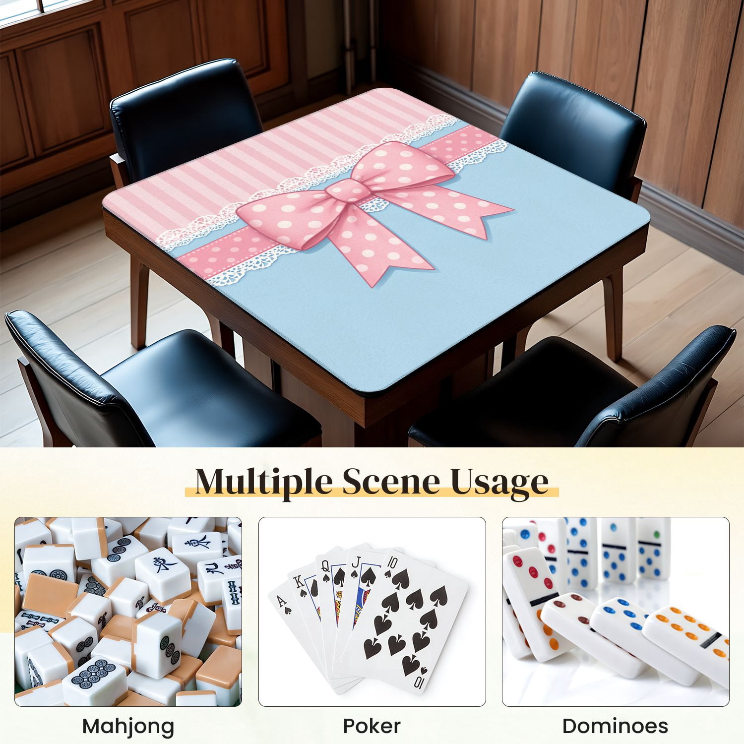 Mahjong Mat 31.5" x 31.5" Pink Polka Dot Bow Lace Trim Blue Pink Striped Non-Slip Noise Reduction Mahjong Tiles Table Cover for Dominoes Poker Card Board and Tile Games