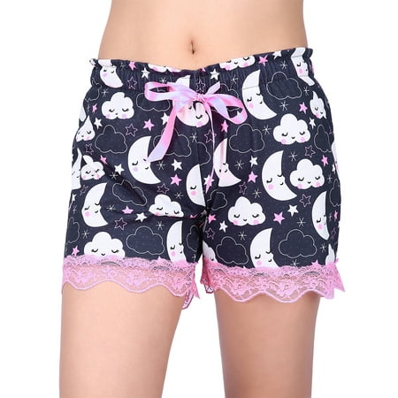 HDE Women's Pajama Shorts Sleepwear With Crochet Trim Casual Loungewear (Stars and Moon, X-Large)