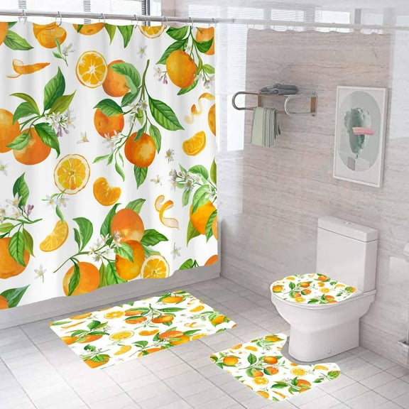 4PCS Cute Fruit Shower Curtain Sets with Rugs, Orange Shower Curtain, Waterproof Fabric White Shower Curtain, Summer Fresh Citrus Green Leaves Floral Plant Botanical Aesthetic Bathroom Decor