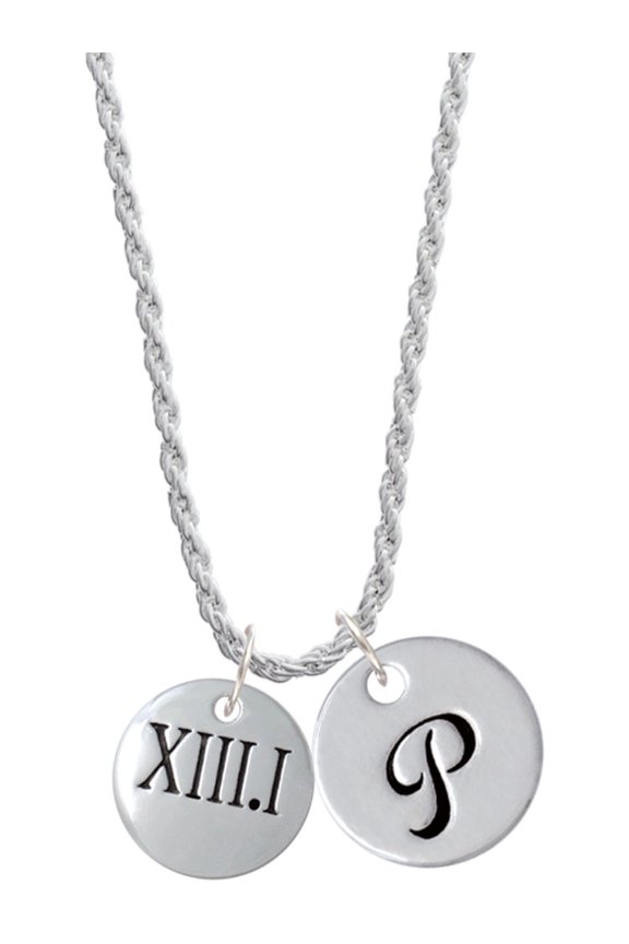 Silvertone Half Marathon Roman Numeral Silvertone Script Initial Disc - P - Charm Necklace, 20"+3"
