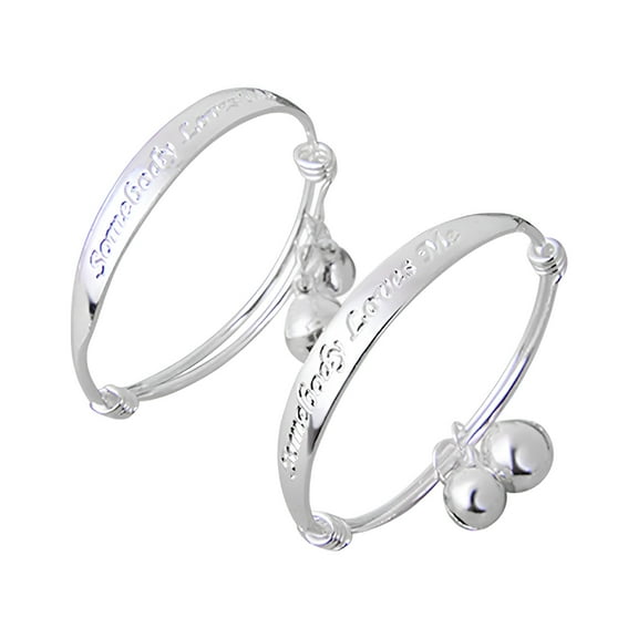 DESIGNICE Infant Jewelry Baby Pack of 2 Bracelet Double Bells Silver Plated English Letter Bangle Bracelet for Baby Silver Bracelet