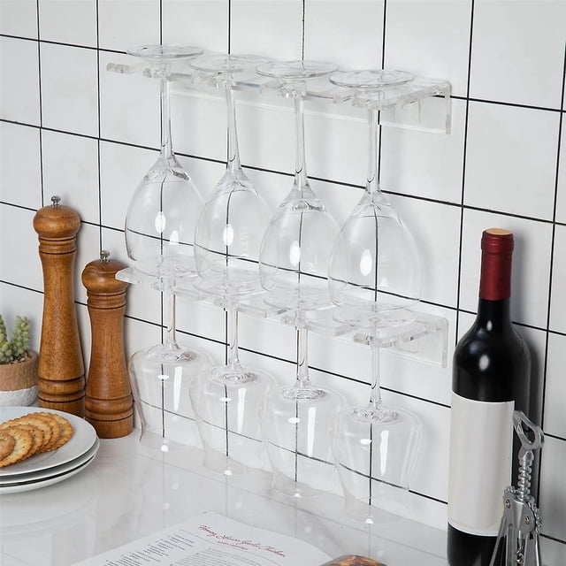 2 piezas de soporte para copas de vino de acrílico, portavasos montado en la pared, estante para colgar copas de vino, organizador de barra para armario de cocina