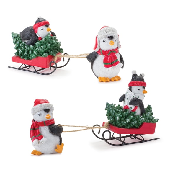 Melrose Set of 2 Playful Penguin with Sled Christmas Tabletop Figurines 8.75"