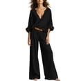 thumbnail image 2 of LEKWK Vacation Outfits for Women Elegant V Neck Long Sleeve Oversized Top and Wide Leg Pants Linen Matching Set Casual Travel Beach Loungewear, 2 of 6