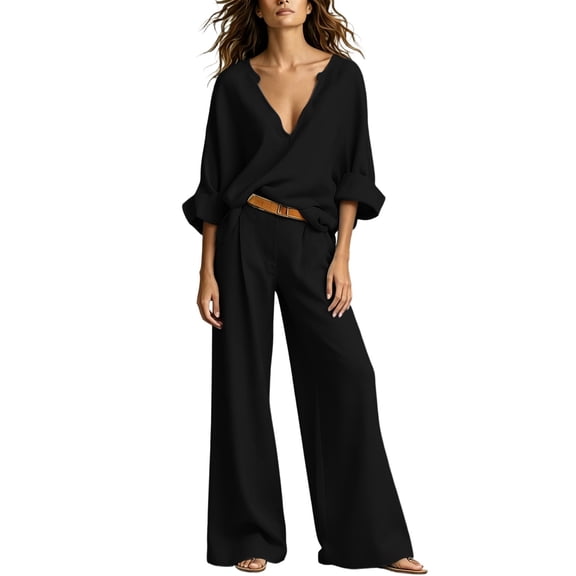 Women's Dressy Linen 2 Piece Outfits - Long Sleeve V Neck Top with Wide Leg Pants Elegant Business Casual Sets