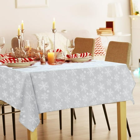 

Christmas Tablecloth Indoor Festive Xmas Fabric Table Decor Cover Shiny Metallic Yarn Snowflake Silver Rectangle 60 x 102 in