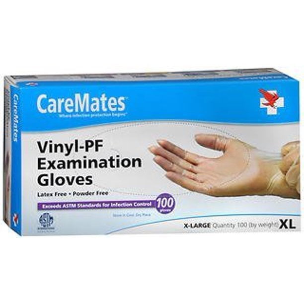 CareMates Vinyl-PF Examination Gloves, X-Large, 100 Count