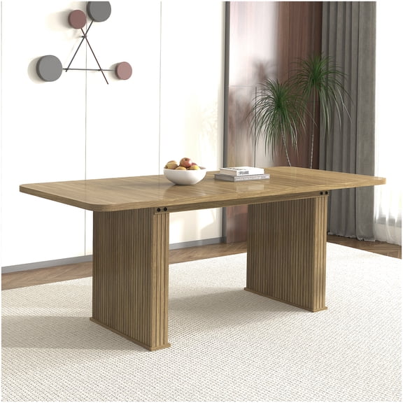 Large Kitchen Table with Double Pedestal Base, Beige Brown Modern Wood Dining Table for 10 People