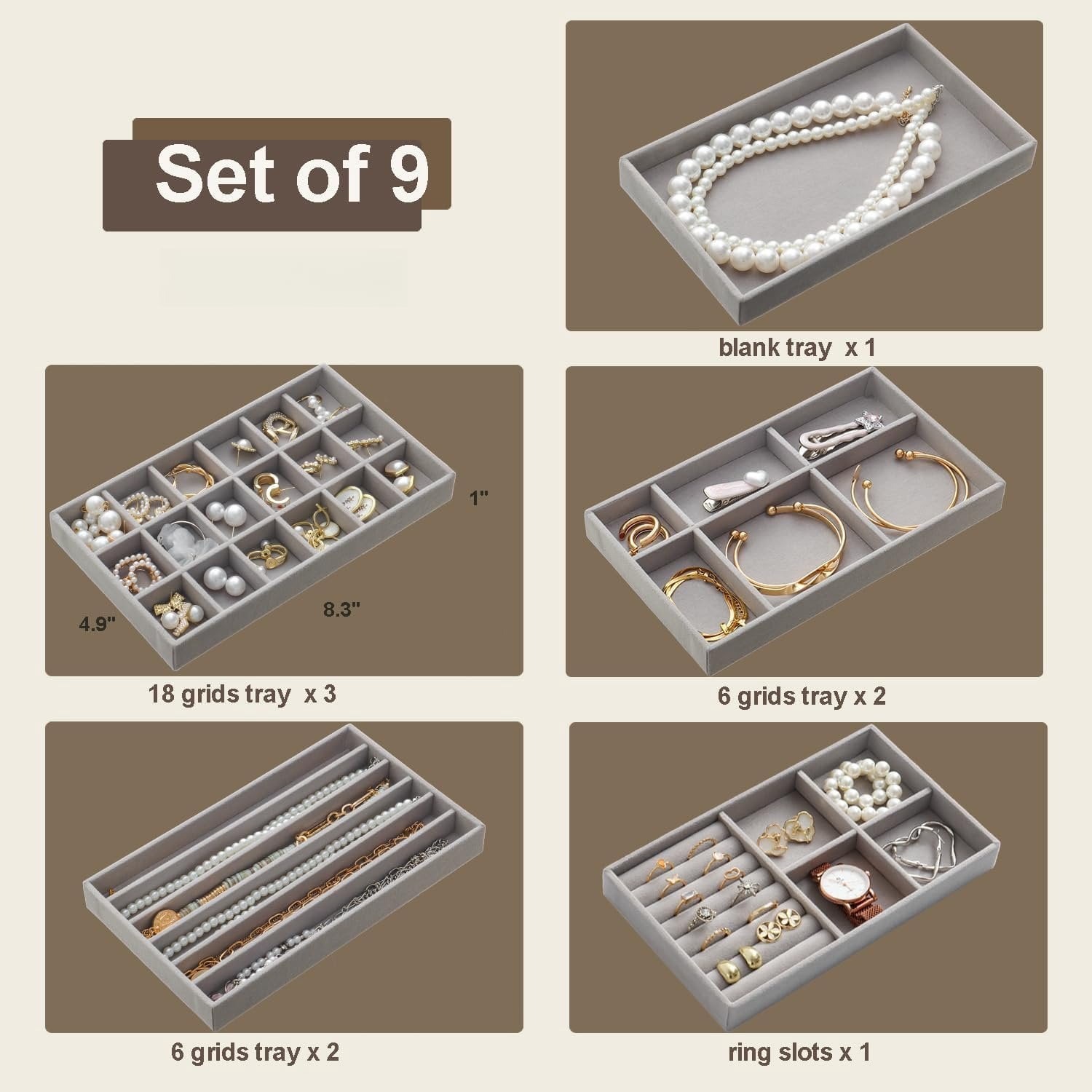 Stackable  Organizer Trays Set of 9, Small   Organizers Earring Necklace Ring Bracelet Display Case Storage for Drawer Dresser (Grey)