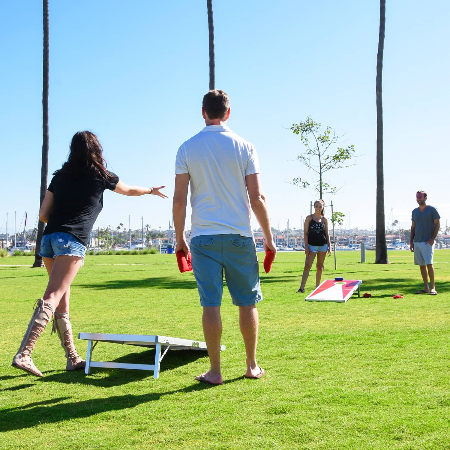 GoSports CornHole PRO Regulation Size Bean Bag Toss Game Set, Superior Aluminum Frame, Red and Blue Design