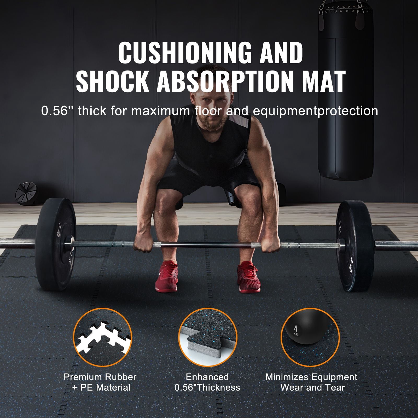 Dranite 0.56" Thick Gym Floor Mats, 12-Pack 25"x25" Rubber & EVA Foam Tiles