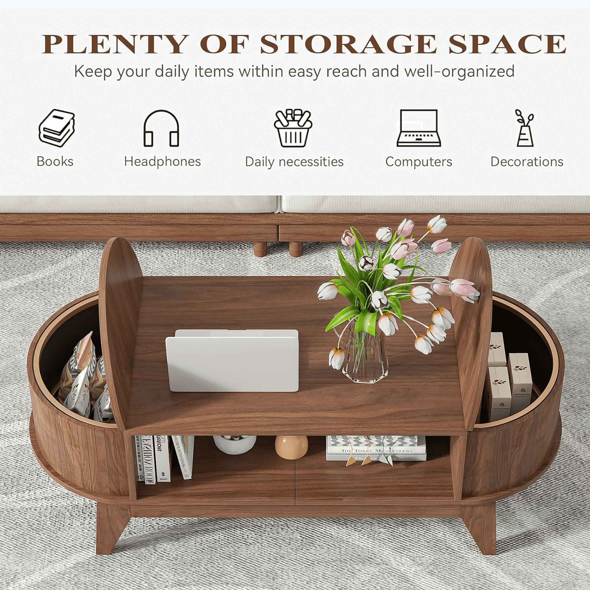 Fluted Coffee Table with Storage, Modern Coffee Tables, Wood Accent Center Table, Walnut