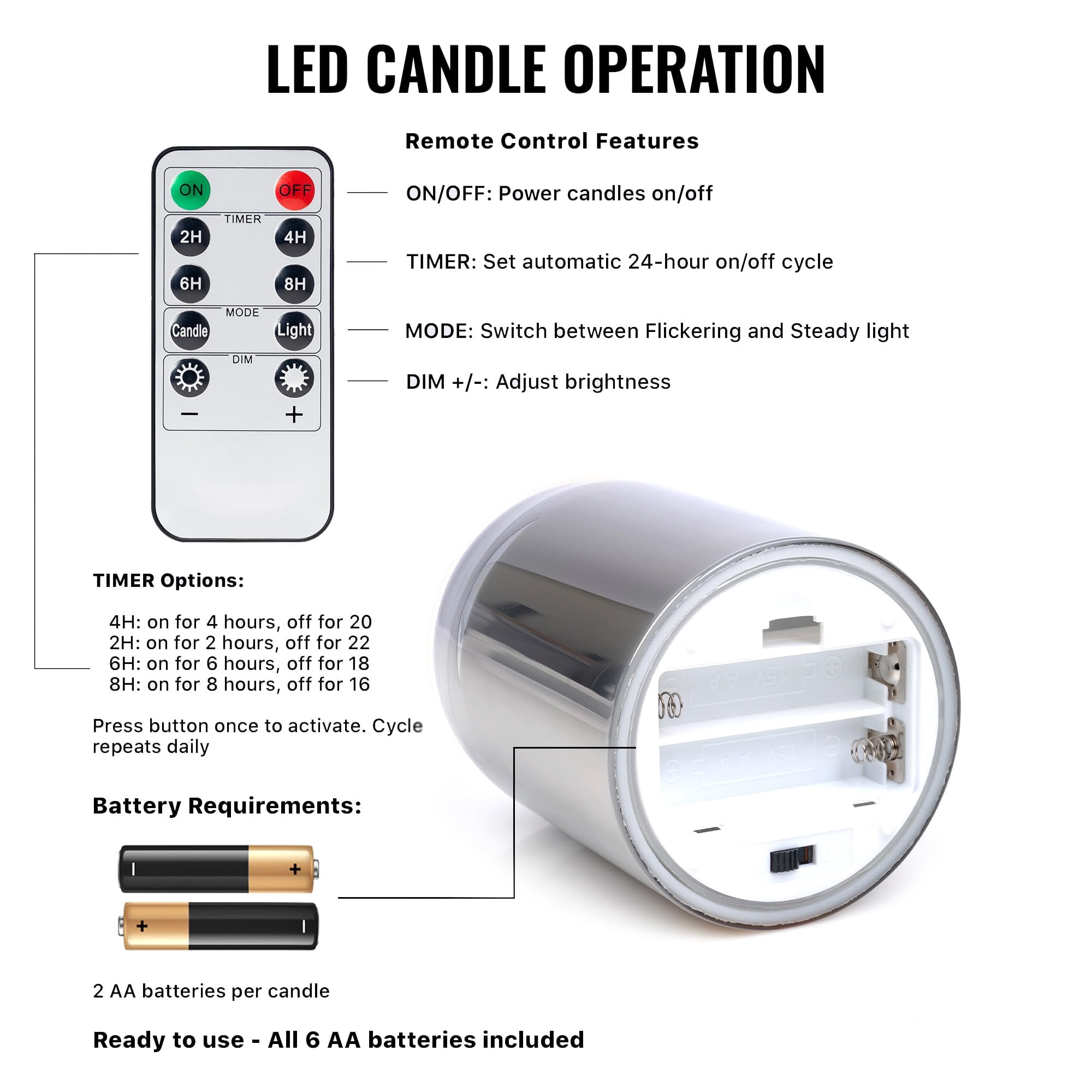 WYZworks LED Mirrored Glass Round Hurricane Pillar Flameless Candles, Real Wax Realistic Wick  Flickering Flame, Battery Operated (Included), Remote & Timer (Set of 3, Silver Gray Metallic)