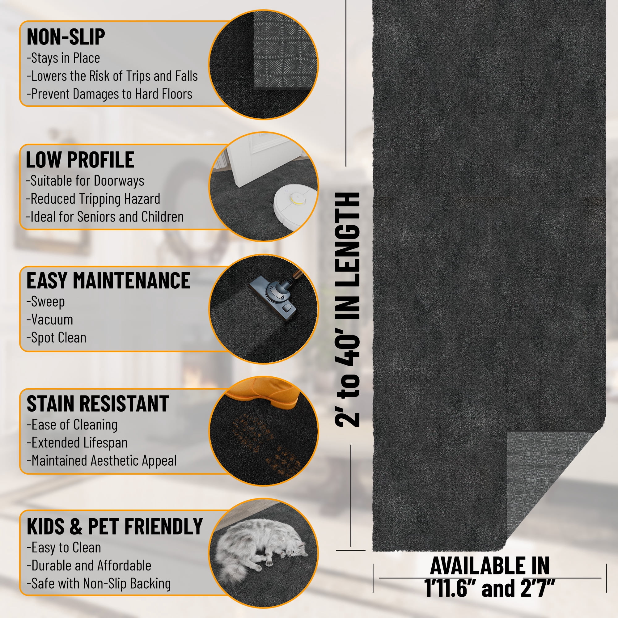 Ottomanson Aisle Runner Rug 1'11.6" x 33' – Non-Slip Plush Extra Long Indoor Runner, Charcoal