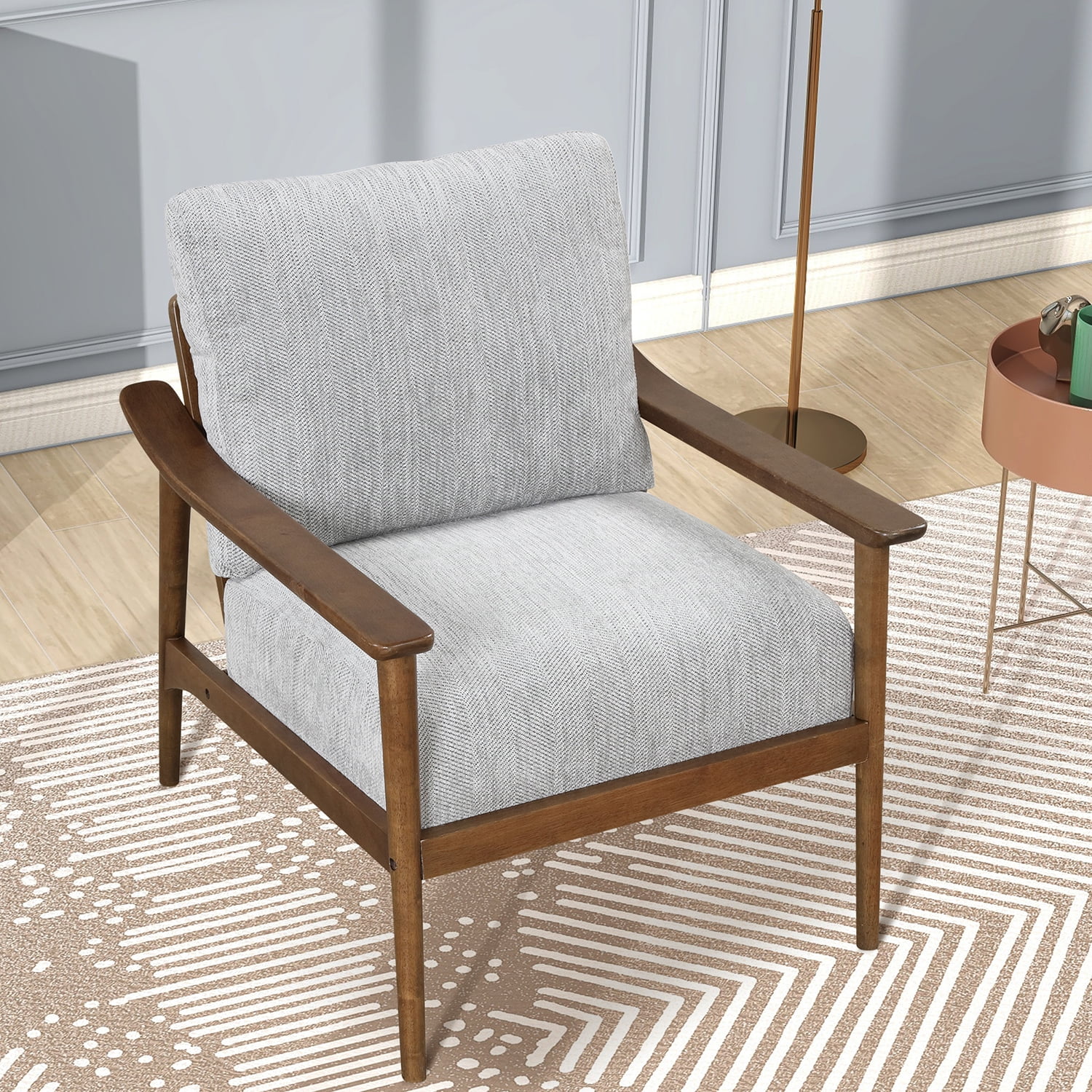 Kadyn Mid Century Modern Chair, Linen Arm Chair with Solid Wood Frame, Thick Pad Upholstered Accent Chair for Living Room, Brown