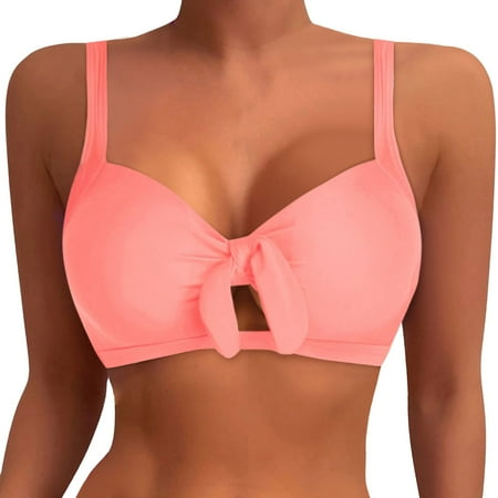 HABDGIKS Push Up Bikini Top Ruffle Flounce Solid Halter Bathing Suit Twist Swimwear