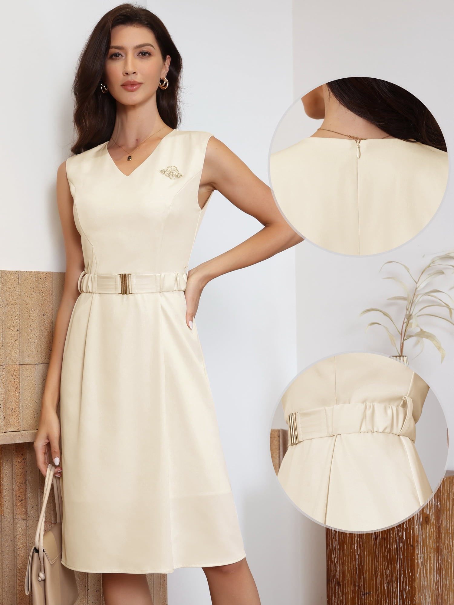 DARING DIVA Women's Belted Business Elegant V Neck Sleeveless Sheath Dress M Apricot