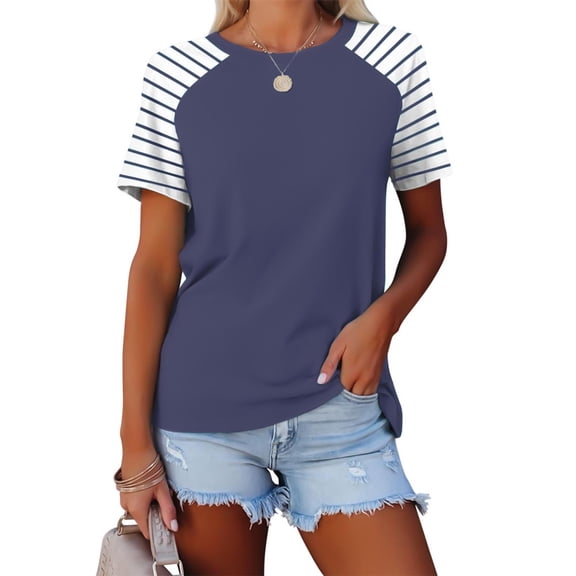 Ashyfjp Womens T-Shirts Casual Patchwork Short Sleeve Crew Neck Tees with Striped Sleeve Trendy Versatile for Summer Daily Wear, Size S-XXL