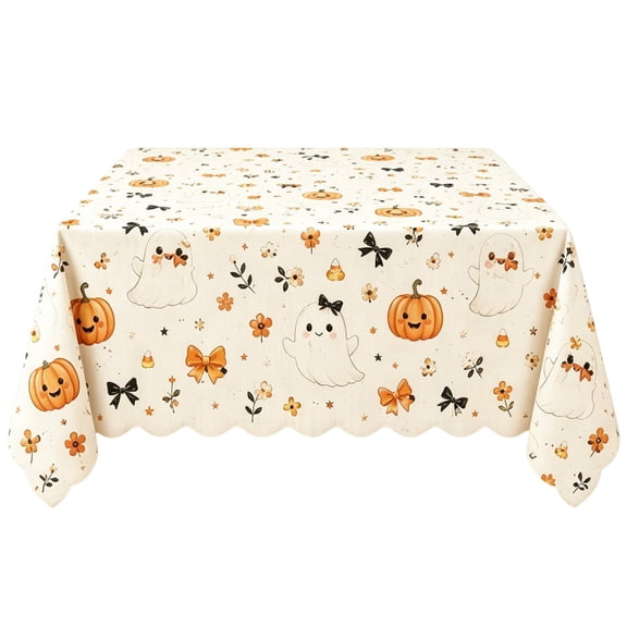 Cute Ghost Pumpkin Halloween Tablecloth, Floral Bow Printed Rectangular Scalloped Edge Decorative Table Cover for Diningroom Apartment Wedding