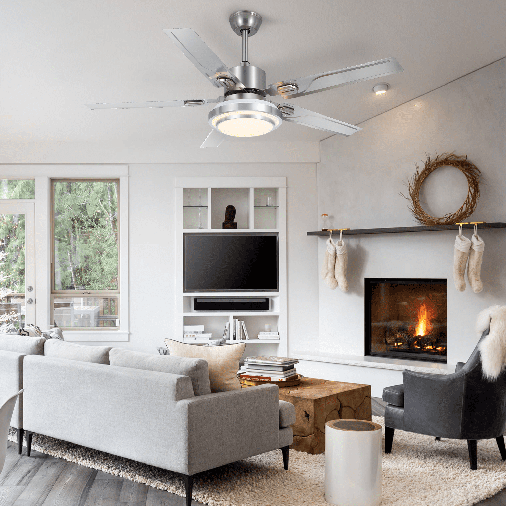 48" Stainless Steel Ceiling Fan with LED Light - 5 Blade Industrial Chandelier Fan, 5000 CFM Brushed Silver & Remote Control, Adjustable Downrod (10''/20'') for Restaurant/Loft, Anti-Rust Iron Frame