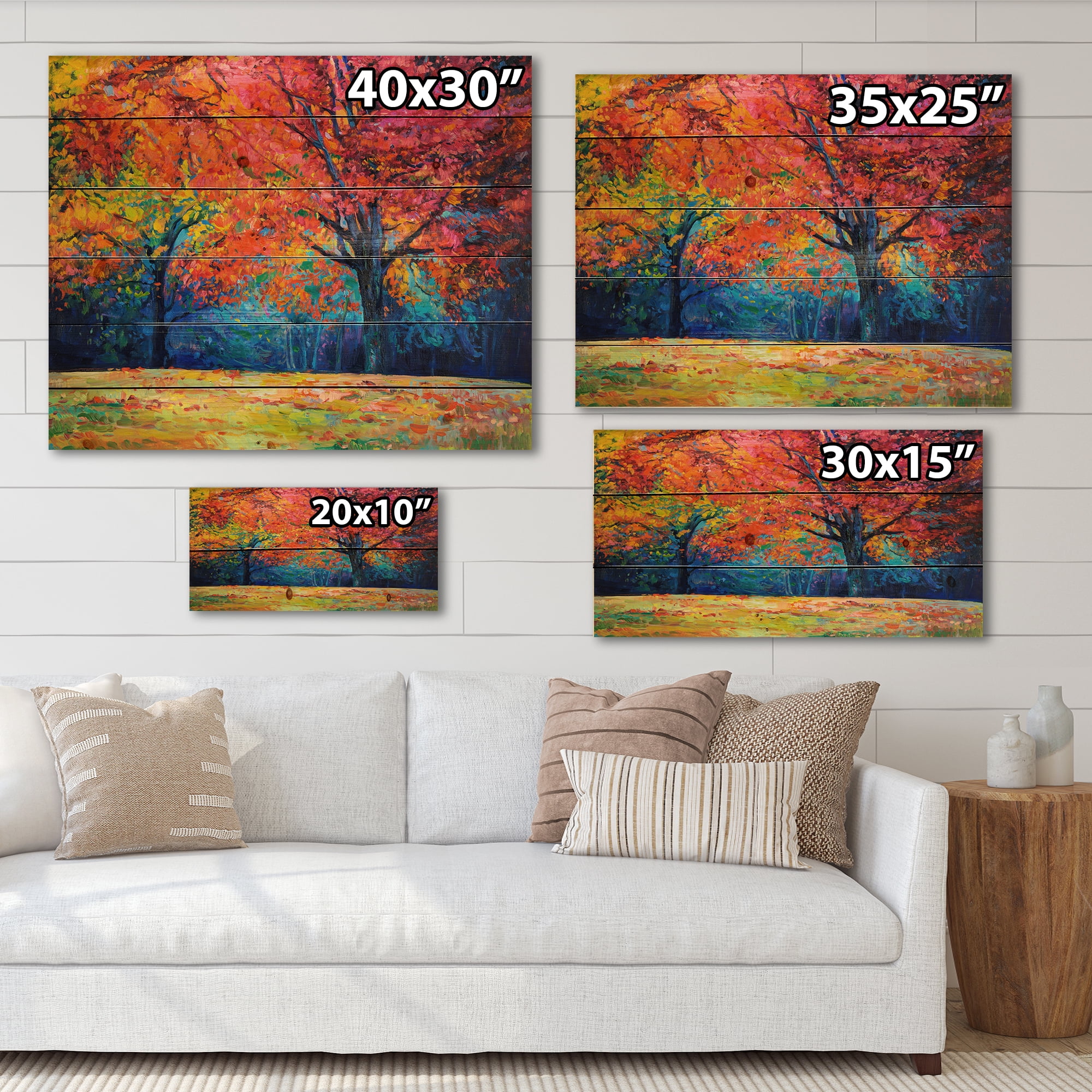 Designart 'Abstract Vibrant Red Tree In Autumn Landscape' Traditional Print on Natural Pine Wood