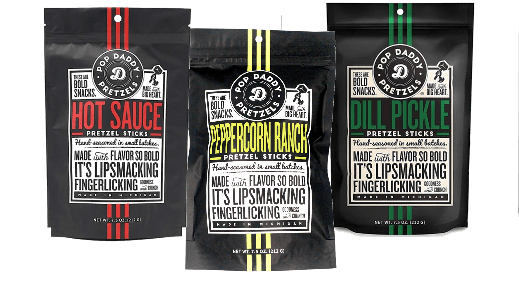 Pop Daddy Peppercorn Ranch, Dill Pickle & Hot Sauce Pretzel Sticks