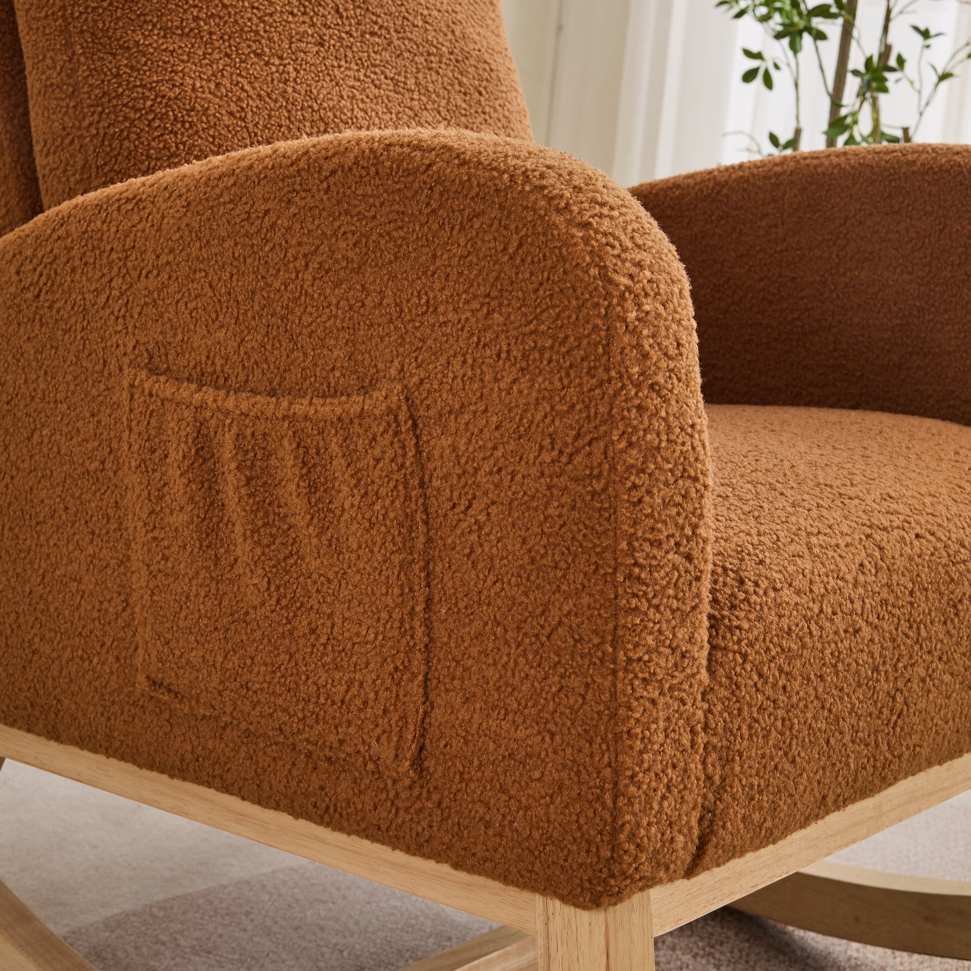 FFZ 27.2W Rocking Chair Nursery Sherpa Glider High Back Side Pocket Accent Armchair Rubber Wood Caramel