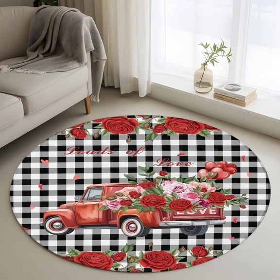 Round Area Rug 3 Ft, Roses Valentine's Day Washable Non-Slip Circle Carpet for Living Room/Bedroom, Farmhouse Floral Truck Plaid Low-Profile Small Floor Mats Collection Rugs for Indoor