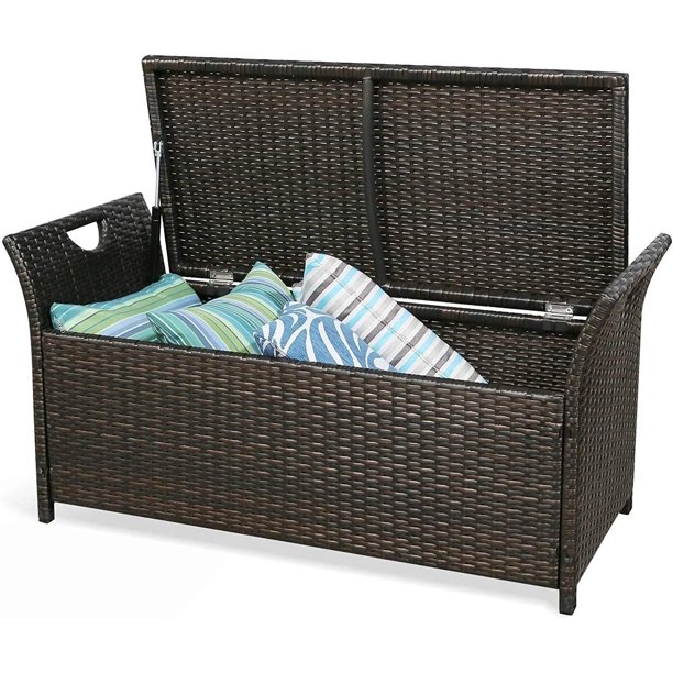 UBesGoo Patio Wicker Storage Bench Outdoor Rattan Deck Storage Box with