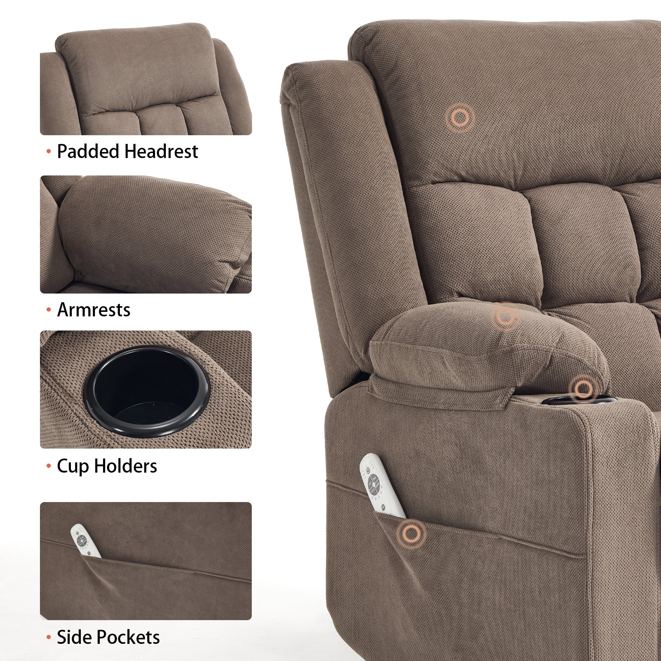 Swivel Rocker Recliner Chair for Adults with Massage and Heat, Cup Holders and Side Pockets, Glider Rocking Reclining Single Sofa Chair for Living Room (Coffee)