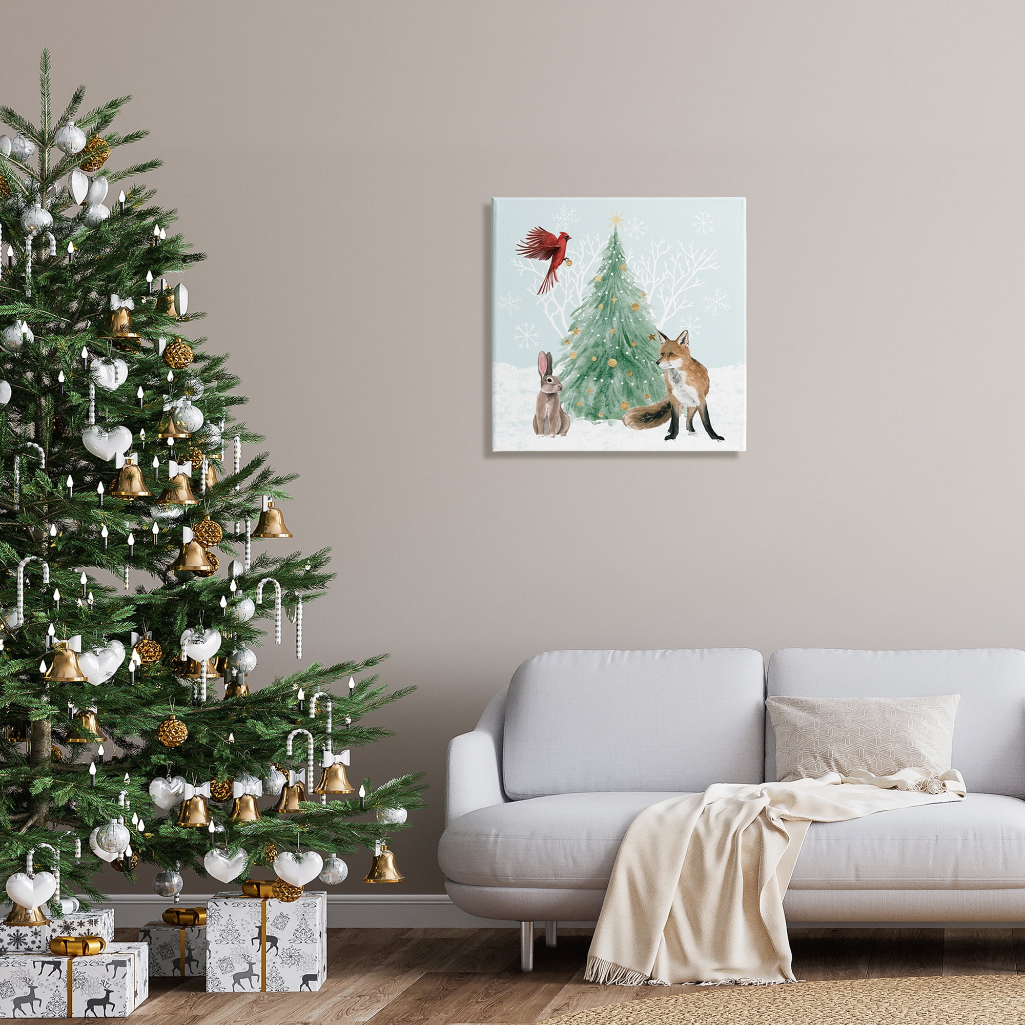 Wintery Wildlife Decorated Christmas Tree Snowflakes Animals & Insects Painting Gallery-Wrapped Canvas Print Wall Art