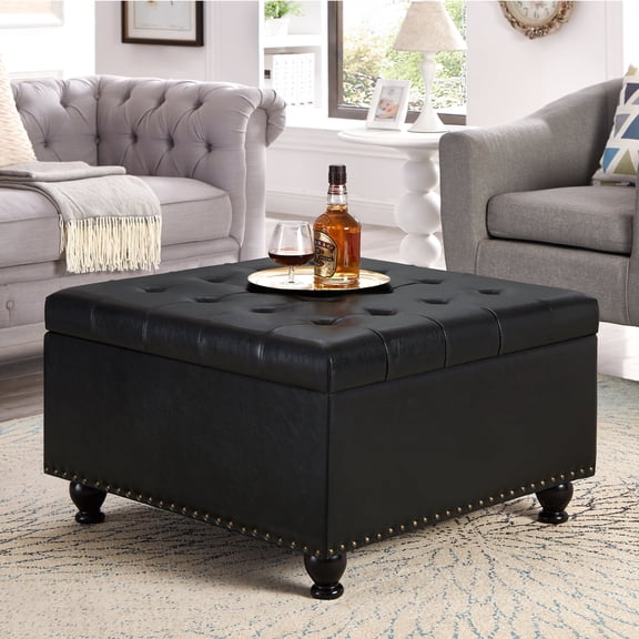 Classic Square Button Tufted Storage Ottoman Faux Leather Upholstered Coffee Table With Nailhead Trims