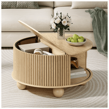 JOINICE Round Coffee Table with Storage,Fluted CENTER Table with Sliding Door,for Living Room,Oak