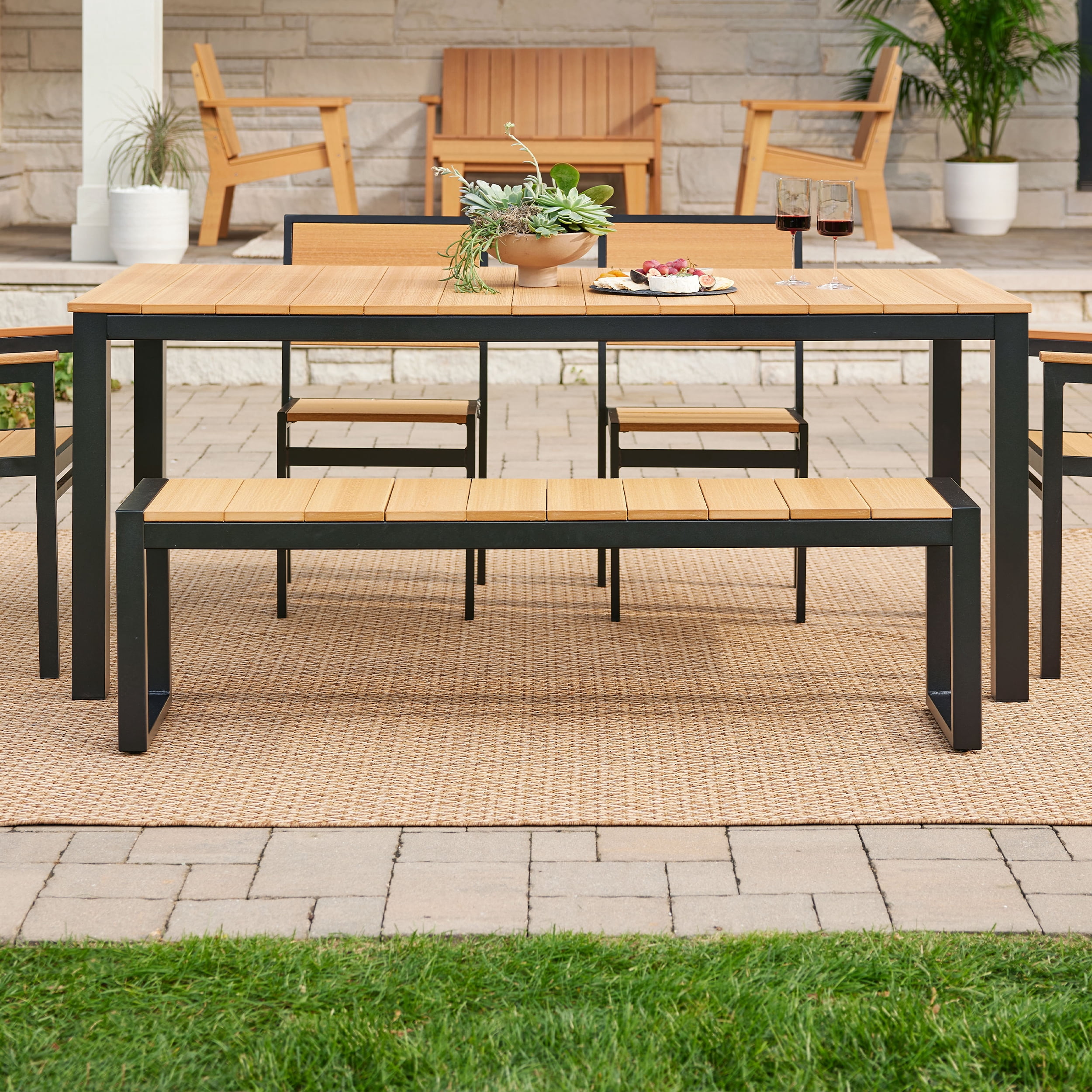 DuroGreen Park City 72" Rectangular 6-Pc Outdoor Dining Set, 1 Table/1 Bench/4 Chairs Made with All-Weather Tangent Sustainable Lumber, High End Patio Furniture, Black with Natural Teak