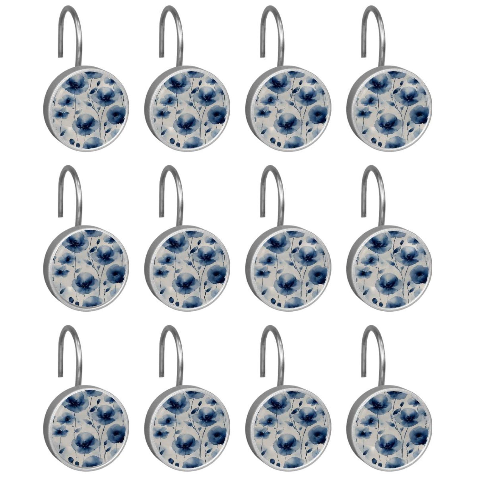 HemaKayy 12 Pcs Shower Curtain Hooks Bathroom Decorative Accessories Ink Blue Flower