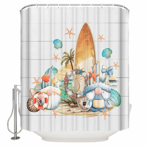 Fabric Shower Curtain, Summer Gnome with Surfboard Gray Wooden Shower Curtains with 12 Hooks Waterproof Machine Washable Bath Curtains for Bathroom,48x 72in