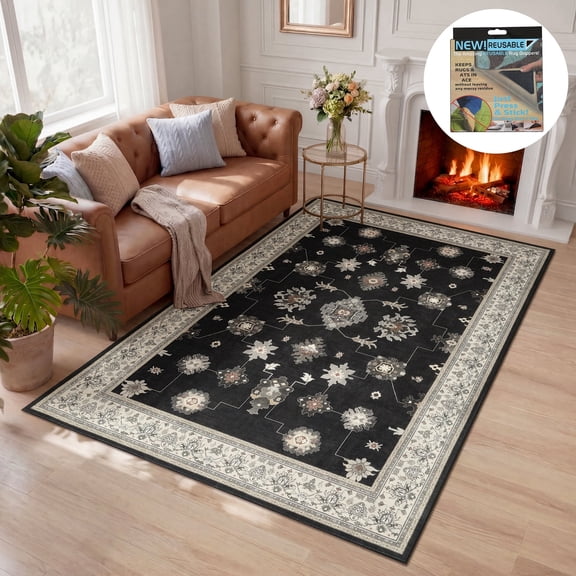 Fnova Boho Black 5x7 Washable Area Rugs for Living Room, Soft Non-Slip Vintage Rugs for Bedroom Dining Room, Farmhouse Ultra Thin Indoor Carpet for Playroom Office Decor