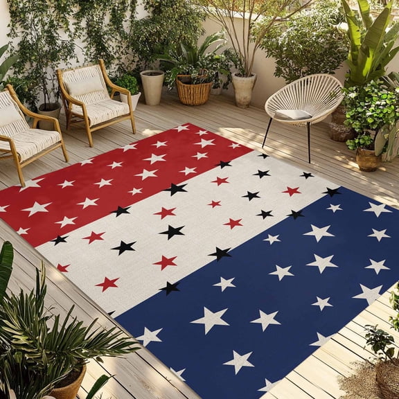 Red Blue Stars 4th of July Outdoor Rug 5x7 Ft - Reversible Patio Rug Outdoor Camping Rugs, Independence Day Rustic Washable Indoor Outdoor Area Rugs, Non-Slip Outdoor Carpet Runner for Deck/Porch