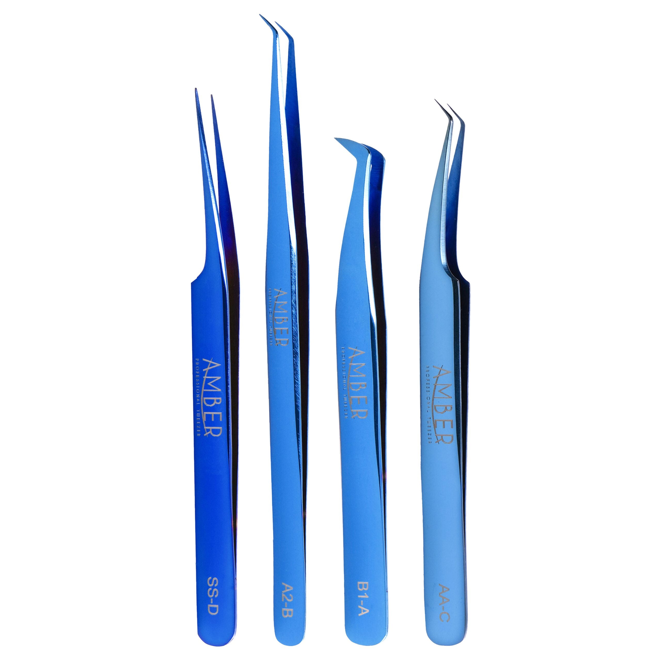 Amber Lash Blue 4 Tweezers Set with Tweezer Case for Eyelash Extension