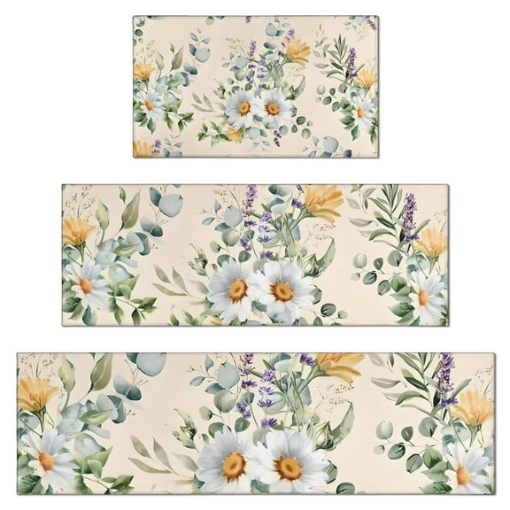 Pioneer Flower Floral Print Pattern Kitchen Rugs Sets Of 3,Kitchen Runner Rugs Non Skid Washable,Decorative Kitchen Floor Mats for Kitchen,Sink,Laundry,17"x30" 17"x47" 17"x59"